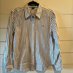 Lauren Ralph Lauren White and Brown Striped Shirt logo 100% Cotton